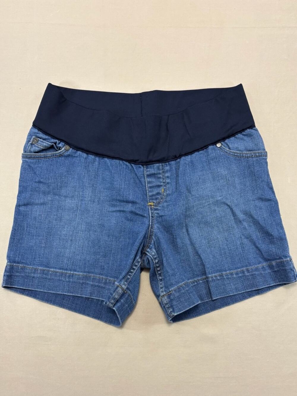 Liz Lange Blue Denim Maternity Shorts with Navy Demi Panel Waistband Size Small